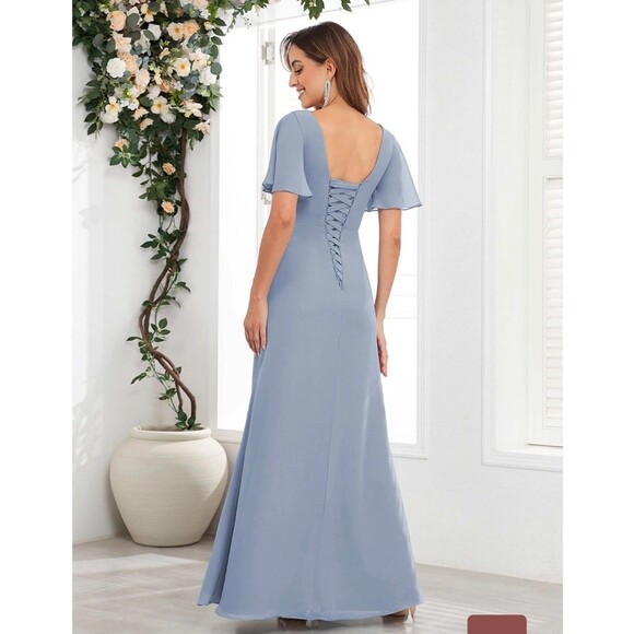 New Mother of the Bride (6) Dusty Blue Chiffon Flutter Sleeve Ruched Maxi Dress - Picture 14 of 14